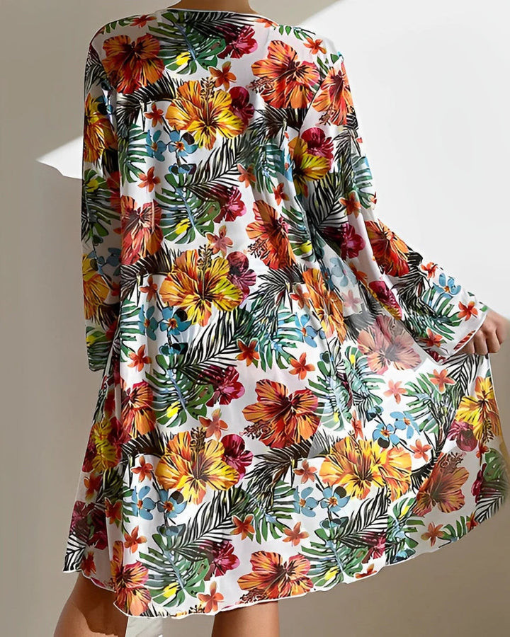 Bikini Three Piece Floral Sheer Cover Up Swimwear