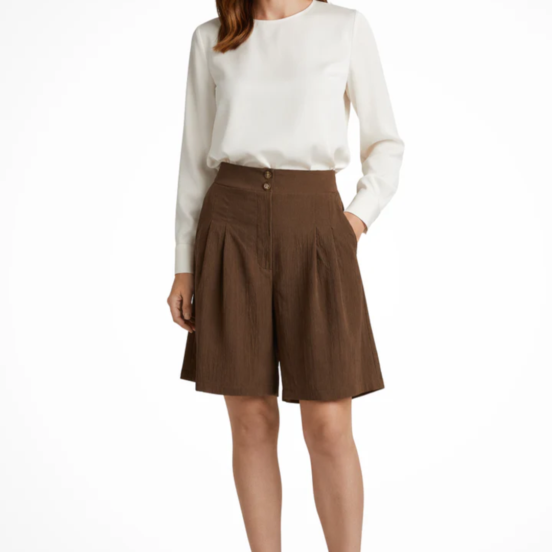 Bermuda Shorts High Waist Structured Wide Leg Pleated Elegant Style