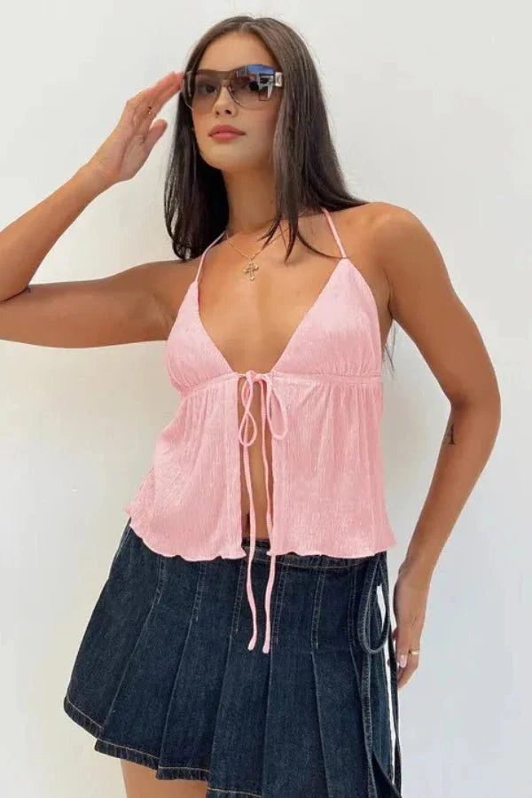 Halter Top Tie Front Y2K Textured Fringed Burgundy Summer Style