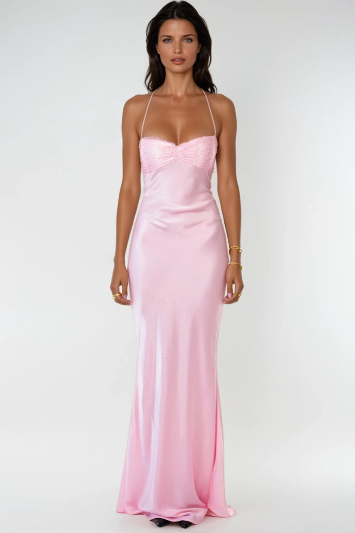 Long Dress Halter Neck Embellished Lace Back Straight Cut for Women