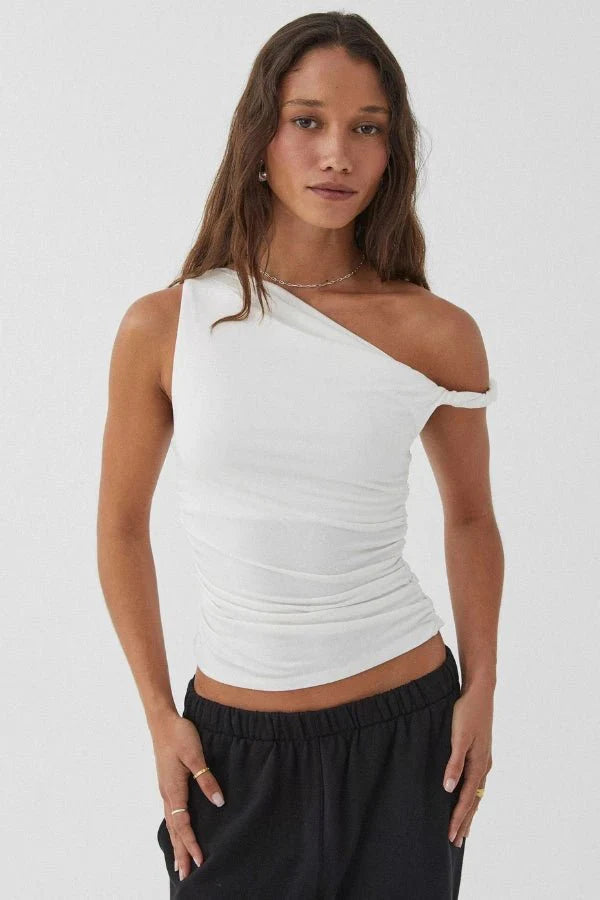 Top One Shoulder Ruched Asymmetric Fitted Minimal Style