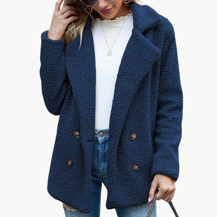 Womens Teddy Jacket with Notch Lapel Double Breasted Front and Relaxed Fit
