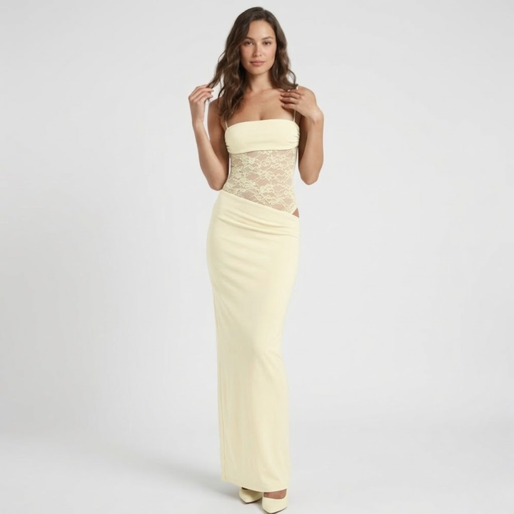 Evening Maxi Dress Lace Bodice Strap Detail Fitted Elegant Style