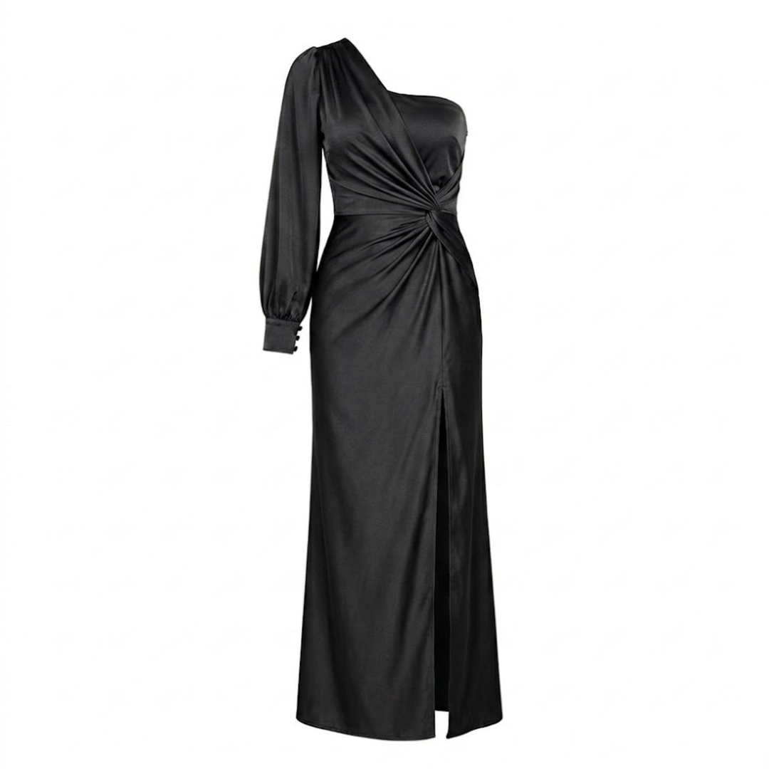 Satin Evening Dress Off Shoulder Draped Bow Side Slit Elegant Style
