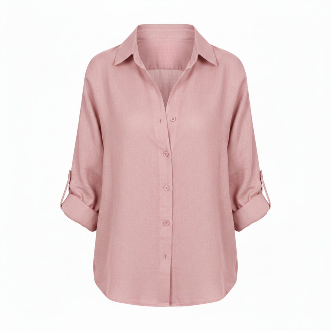 Shirt Button Up Three Quarter Sleeve Split Neck Relaxed Casual Style
