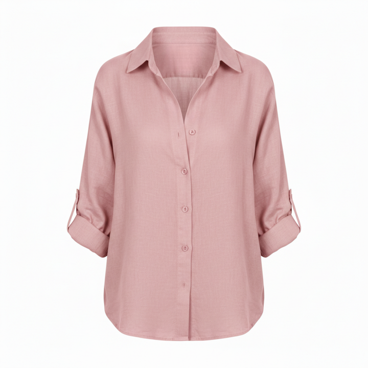 Shirt Button Up Three Quarter Sleeve Split Neck Relaxed Casual Style