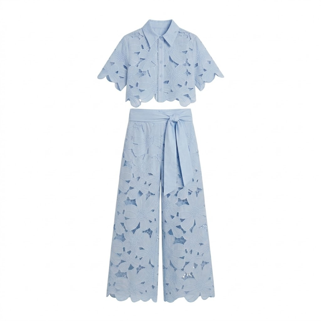 Two Piece Set Lace Top Wide Leg Pants Elegant Style