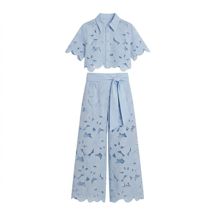 Two Piece Set Lace Top Wide Leg Pants Elegant Style