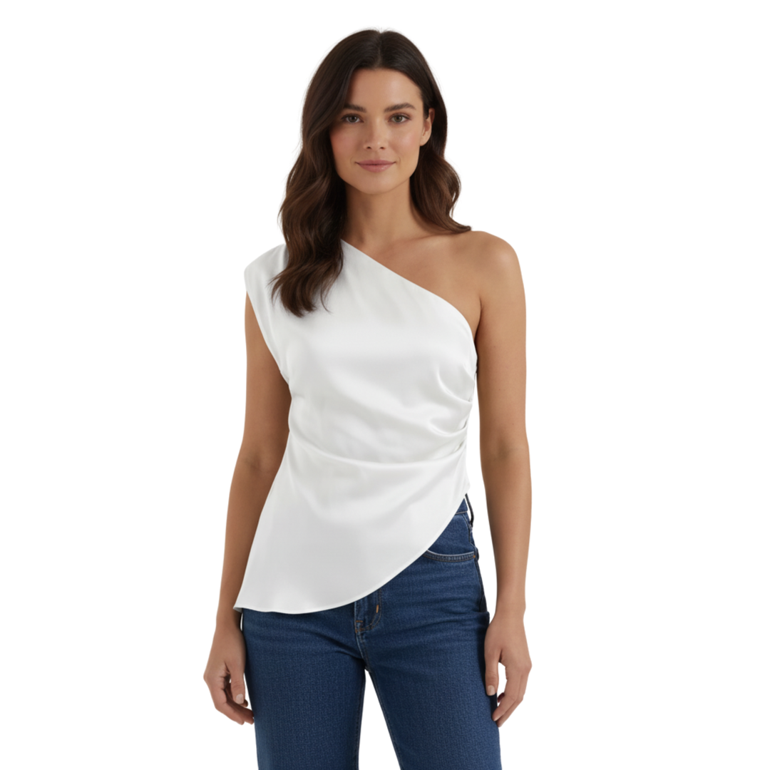 Top One Shoulder Gathered Detail Sculptural Hem Elegant Style