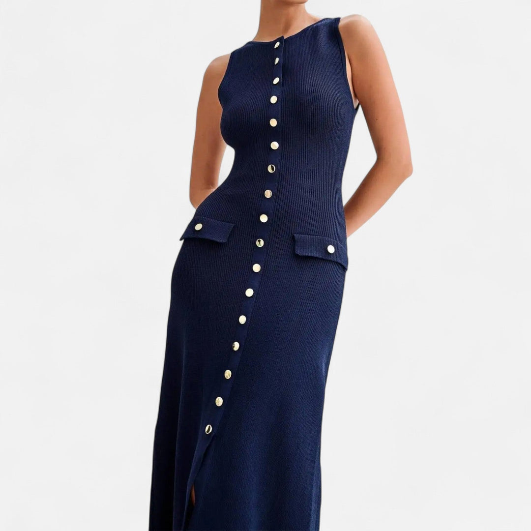 Knit Maxi Dress Button Detail Sleeveless Elegant Summer Style