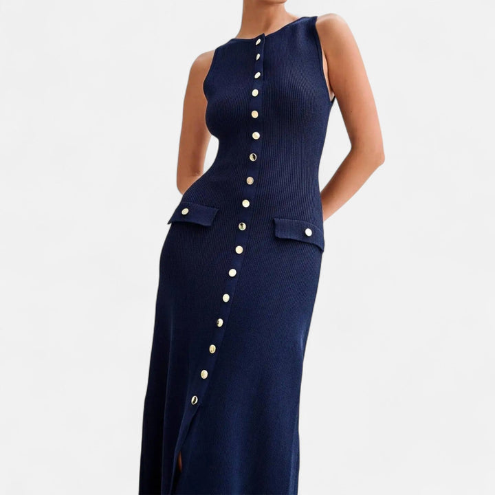 Knit Maxi Dress Button Detail Sleeveless Elegant Summer Style
