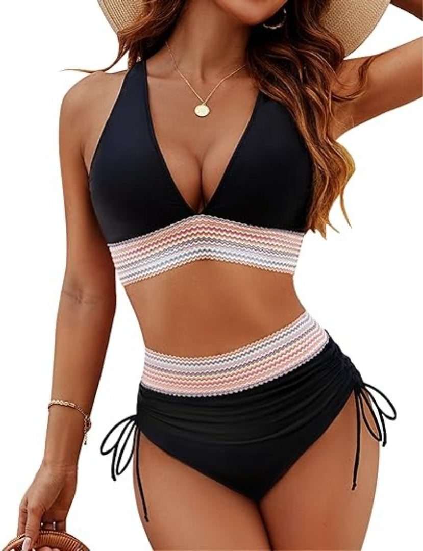 Bikini High Waisted Neck Tie Contrast Strap Two Piece Swimwear