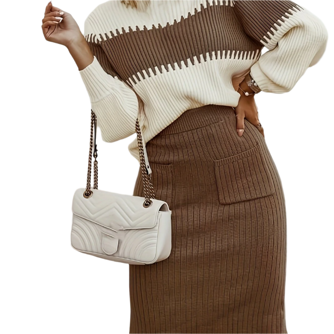 Two Piece Set Color Block Knit Sweater Midi Skirt Elegant Style