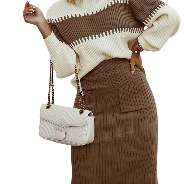 Two Piece Set Color Block Knit Sweater Midi Skirt Elegant Style