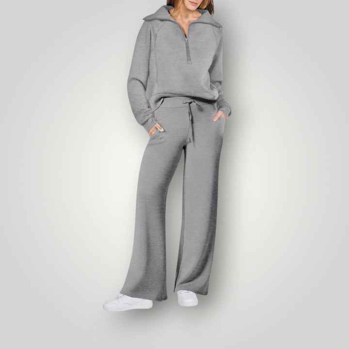 Two Piece Set Zip Neck Sweatshirt Wide Leg Trousers Luxe Lounge Style