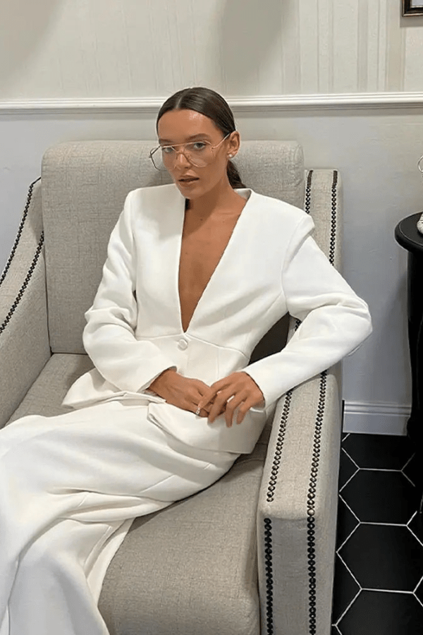 Two Piece Suit Blazer Wide Leg Trousers Elegant Tailored Style
