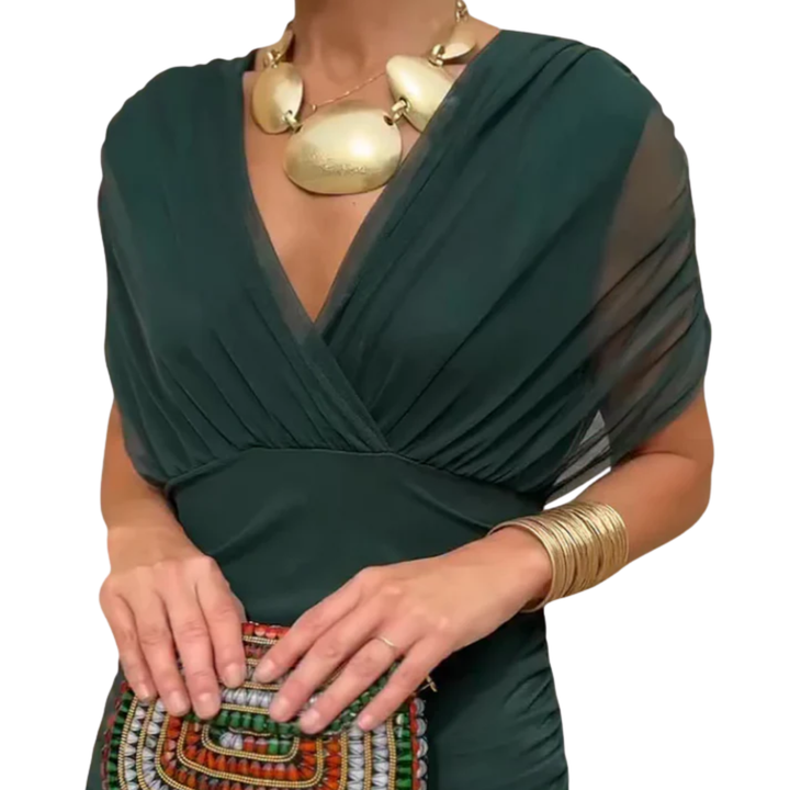 Maxi Dress Flared Skirt V Neck Floaty Sleeve Occasion Style