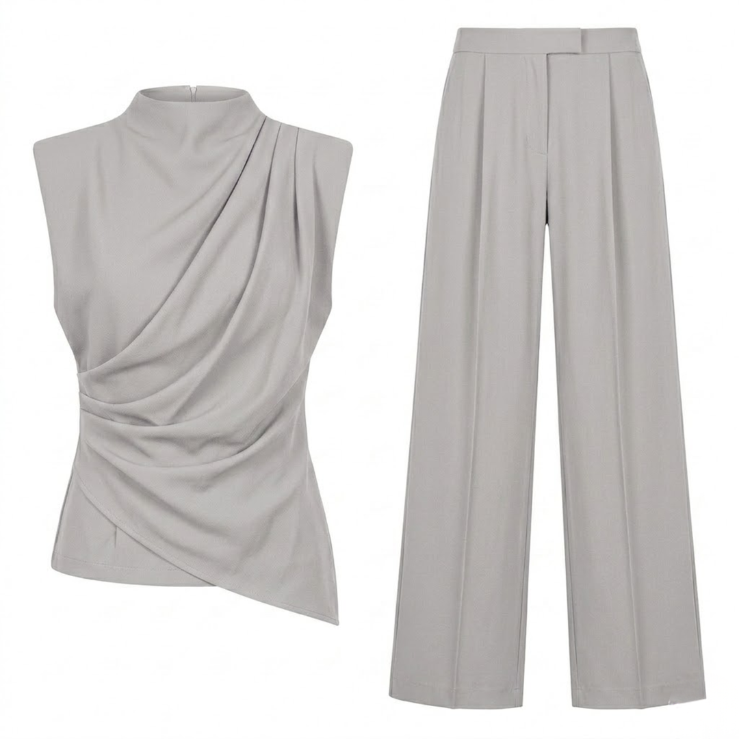 Two Piece Set Sleeveless Draped Top Wide Leg Pants Elegant Fit