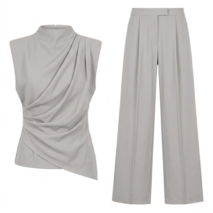 Two Piece Set Sleeveless Draped Top Wide Leg Pants Elegant Fit