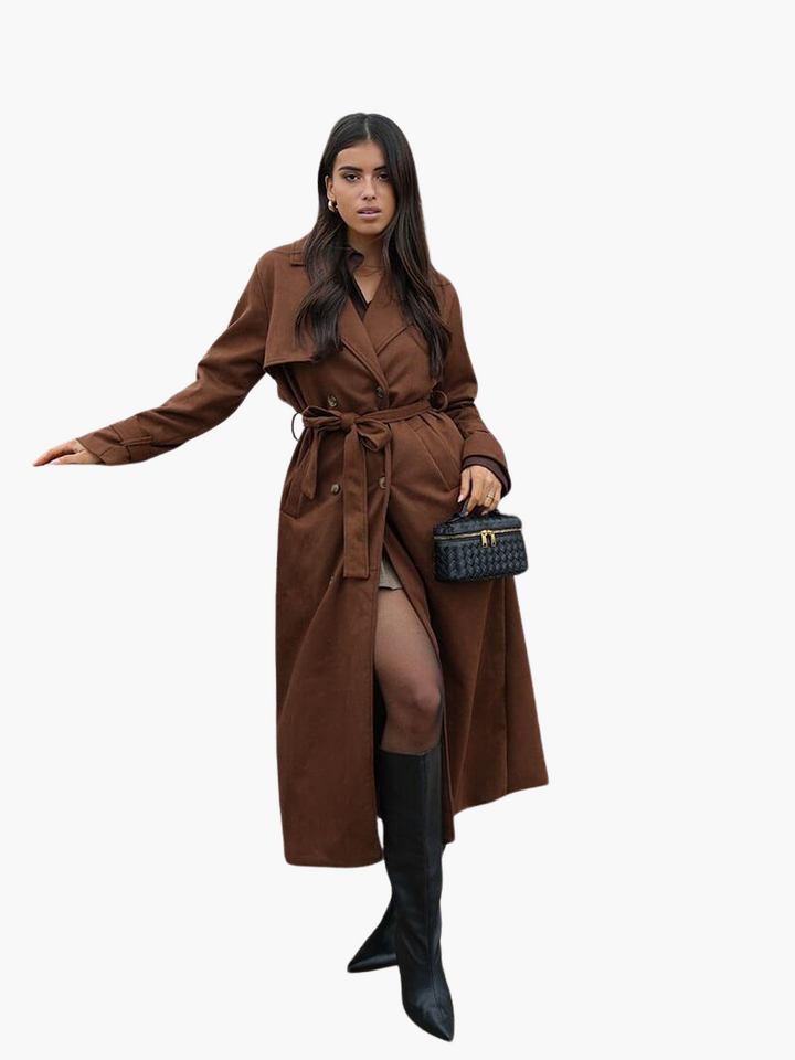 Womens Suede Trench Coat with Belted Waist and Notch Lapels