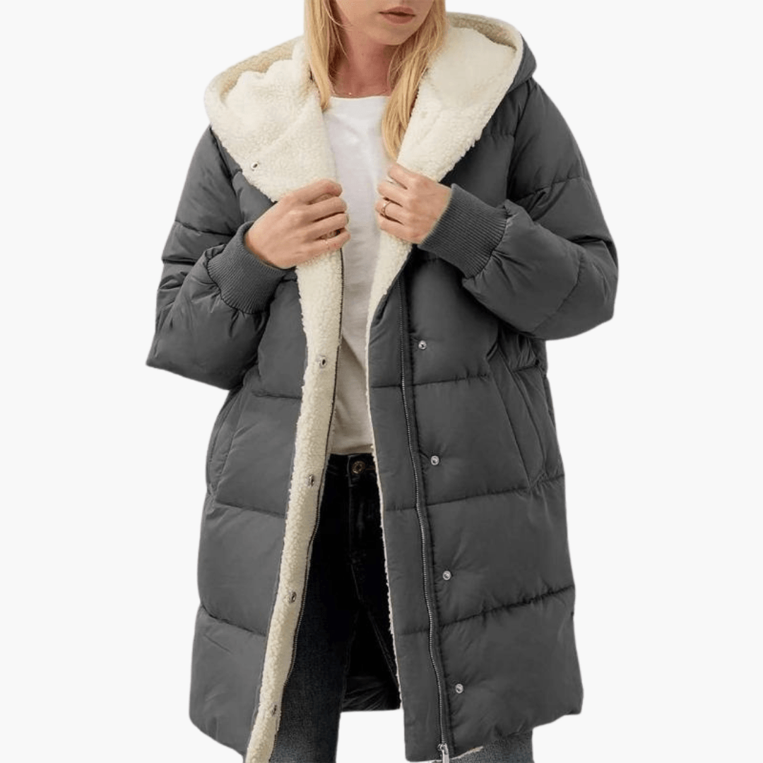 Womens Hooded Puffer Coat with Faux Fur Trim and Longline Fit