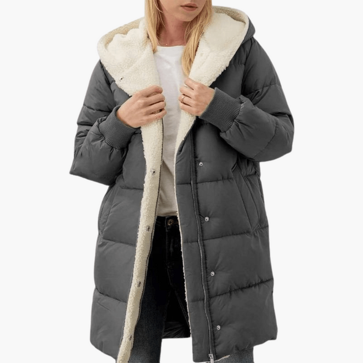 Womens Hooded Puffer Coat with Faux Fur Trim and Longline Fit