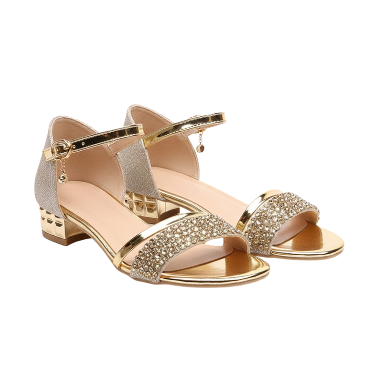 Low Heel Sandals Ankle Strap Shimmer Detail Elegant Style