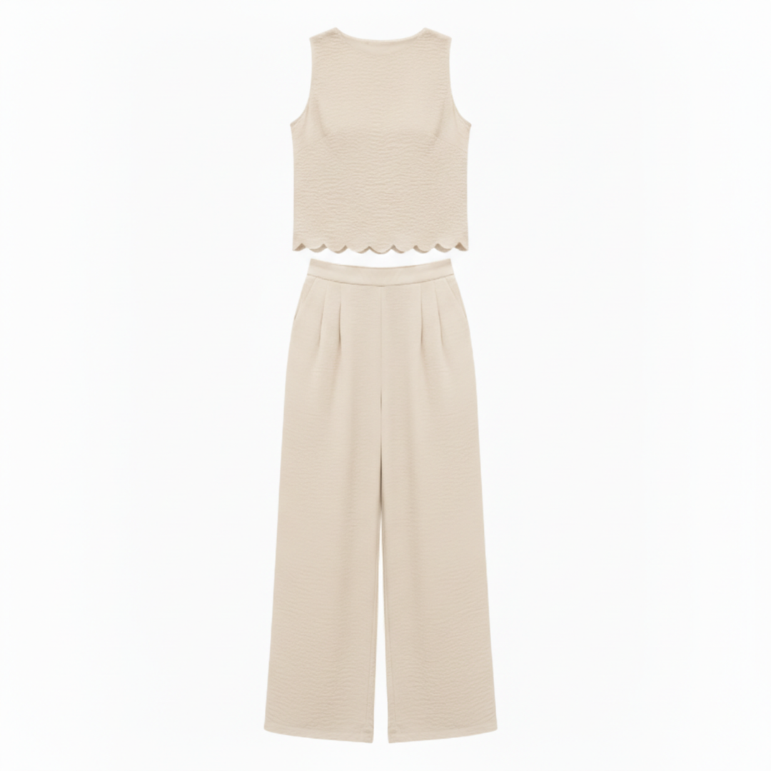Two Piece Set Sleeveless Shell Trim Top Ankle Length Wide Leg Pants