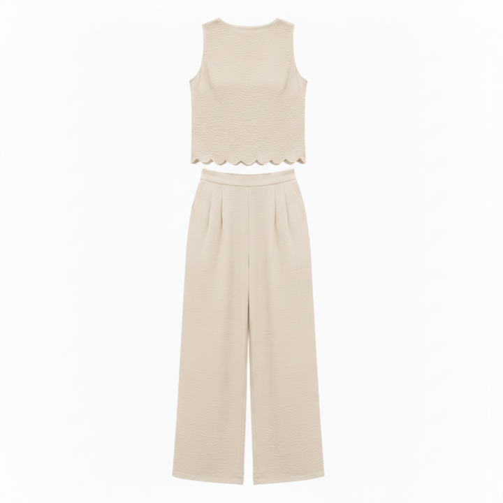 Two Piece Set Sleeveless Shell Trim Top Ankle Length Wide Leg Pants