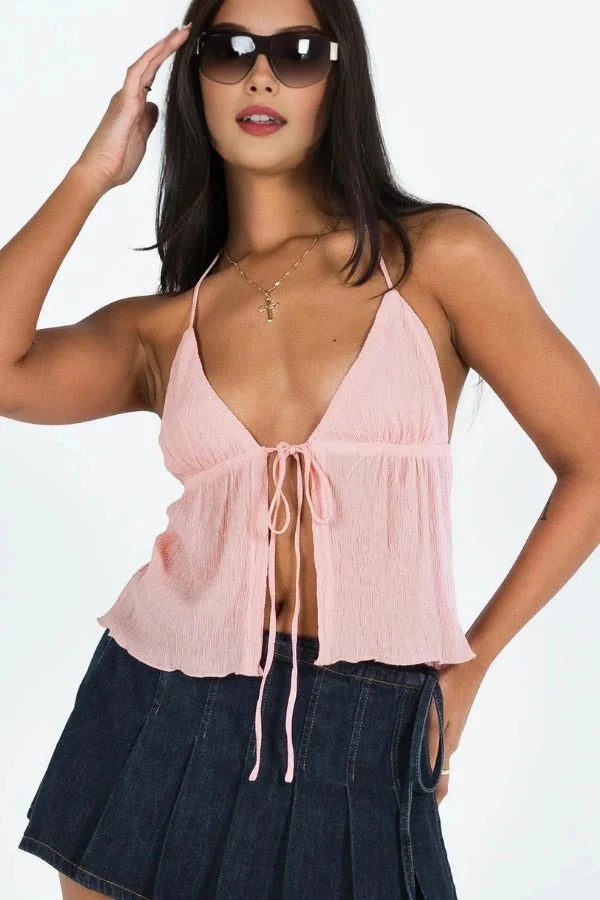 Halter Top Tie Front Y2K Textured Fringed Burgundy Summer Style