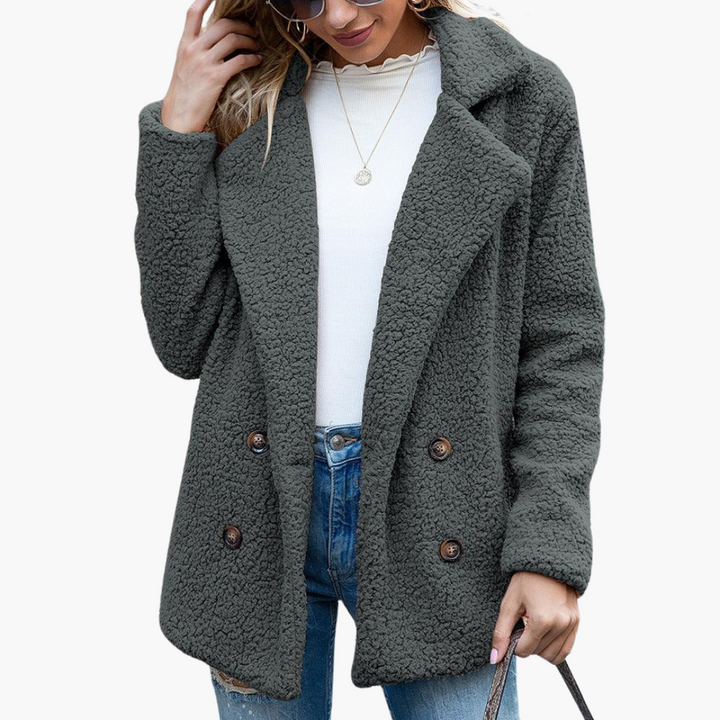 Womens Teddy Jacket with Notch Lapel Double Breasted Front and Relaxed Fit