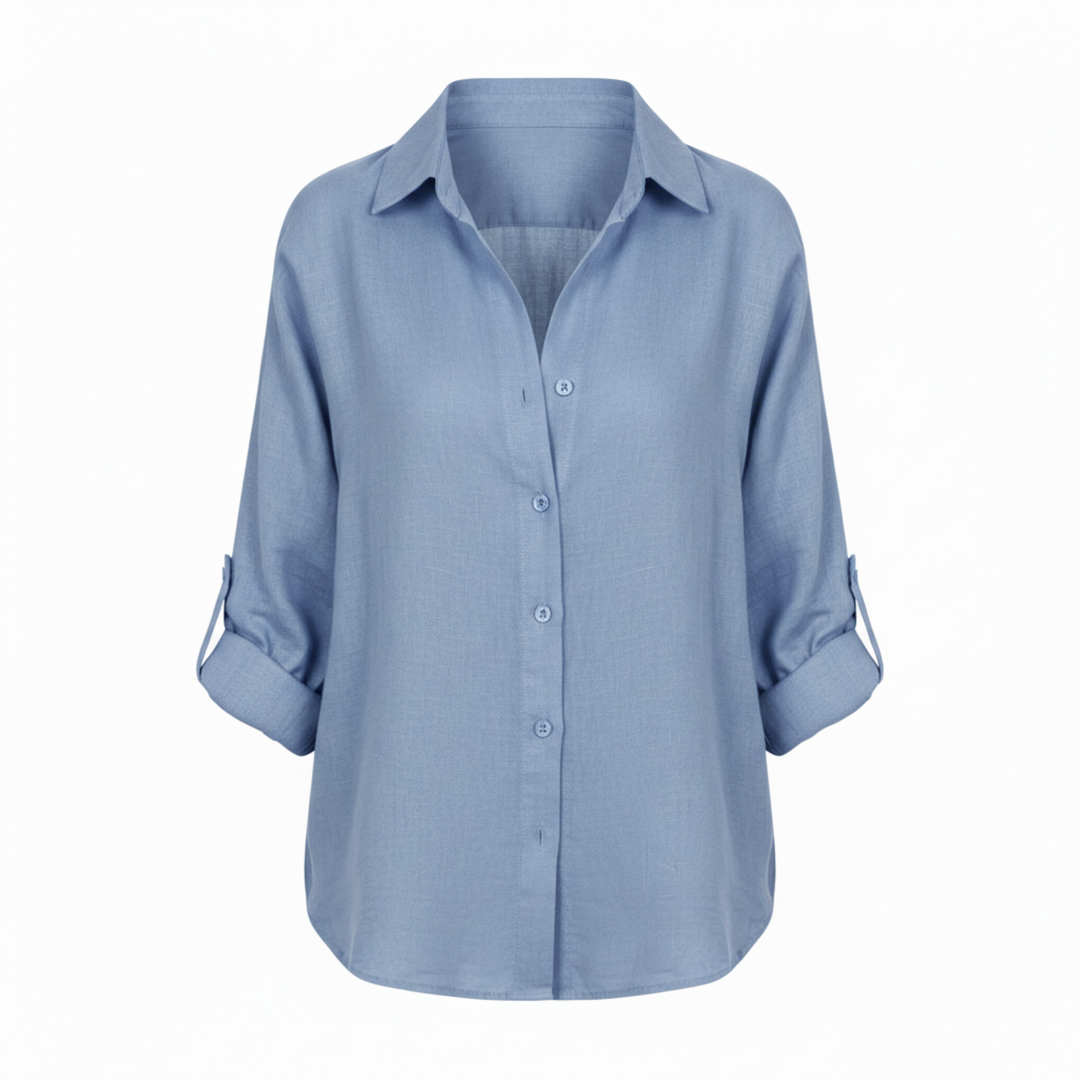 Shirt Button Up Three Quarter Sleeve Split Neck Relaxed Casual Style