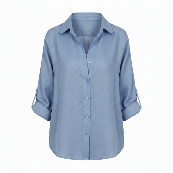 Shirt Button Up Three Quarter Sleeve Split Neck Relaxed Casual Style
