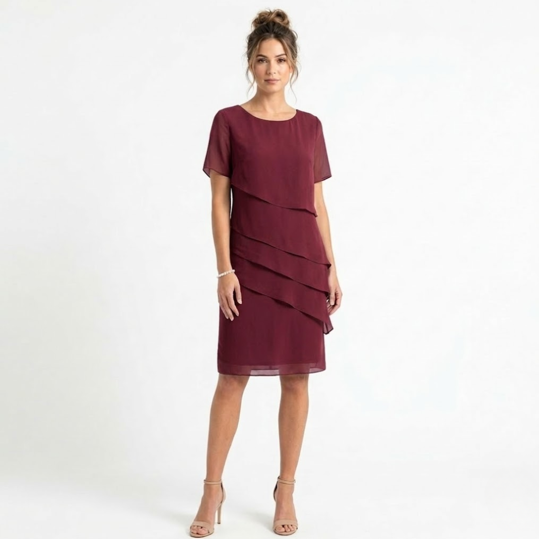 Evening Dress Layered Ruffle Chiffon Round Neck Elegant Style