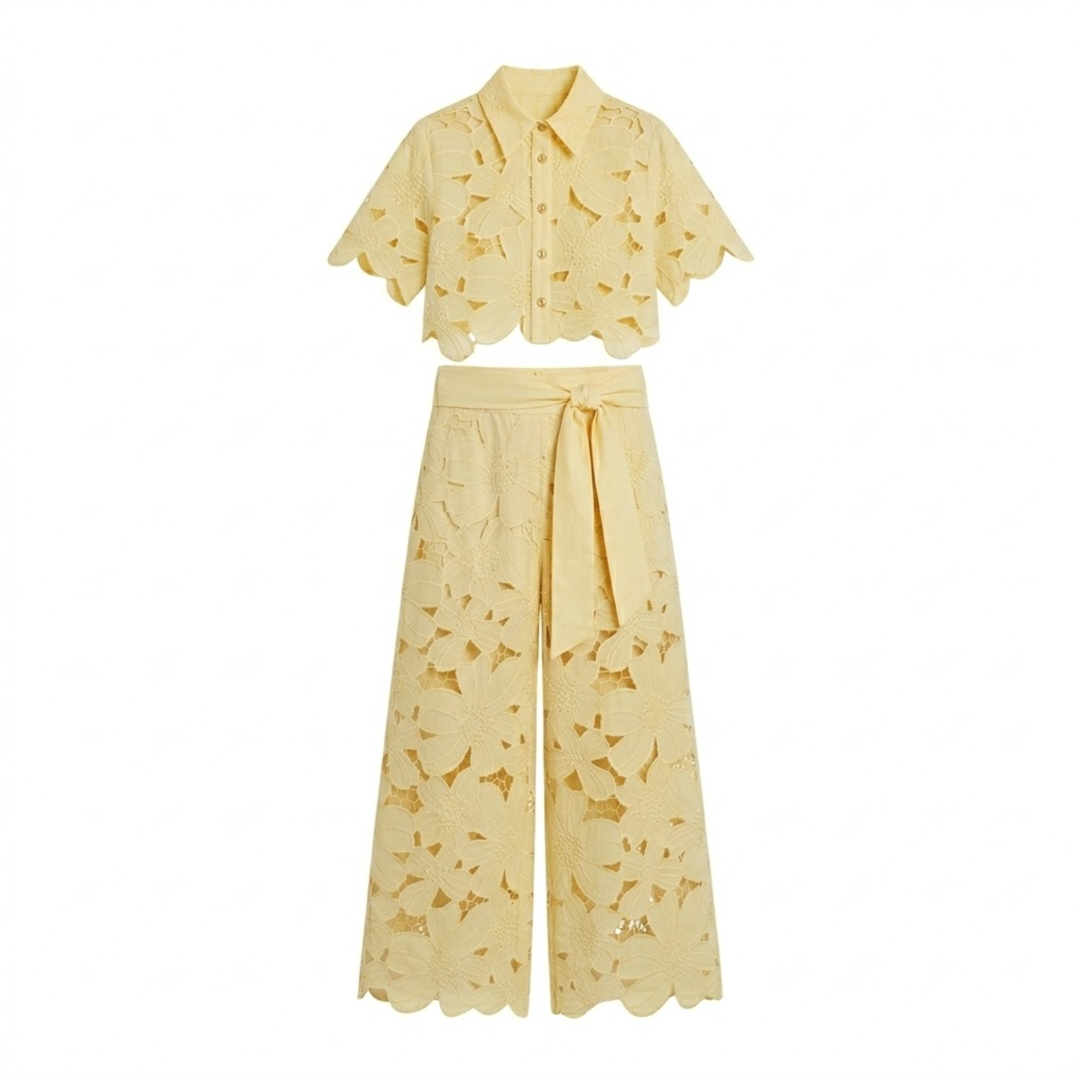 Two Piece Set Lace Top Wide Leg Pants Elegant Style