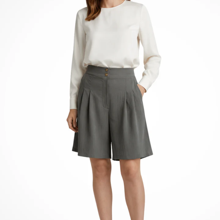 Bermuda Shorts High Waist Structured Wide Leg Pleated Elegant Style