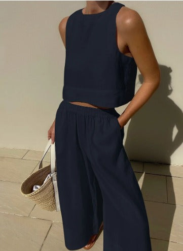 Two Piece Set Sleeveless Top Wide Leg Trousers Relaxed Summer Style