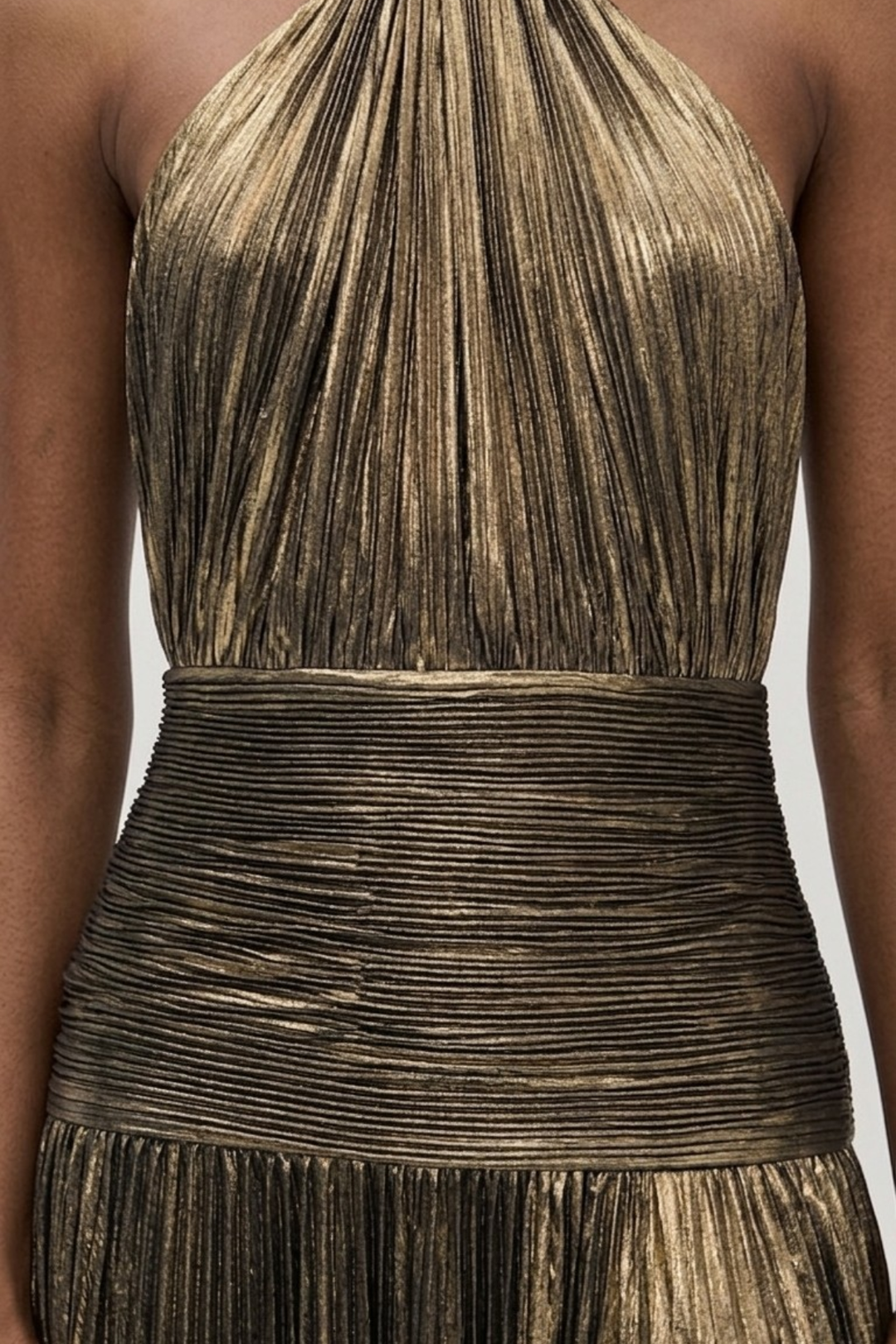 Long Halter Neck Dress for Women with Pleated Skirt and Open Back
