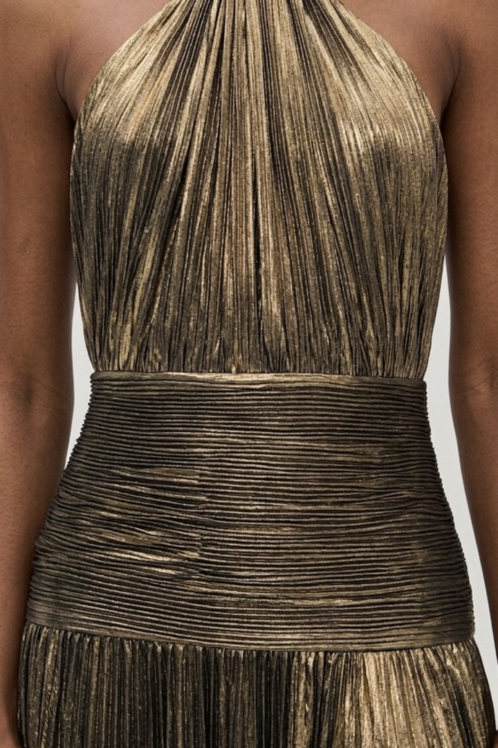 Long Halter Neck Dress for Women with Pleated Skirt and Open Back