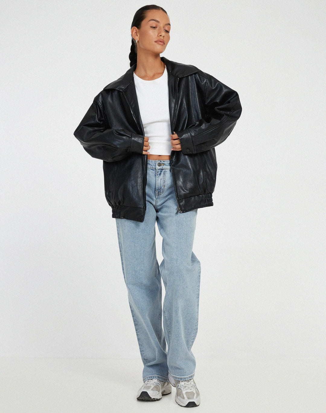Womens Oversized Faux Leather Jacket with Zip Front and Drop Shoulders