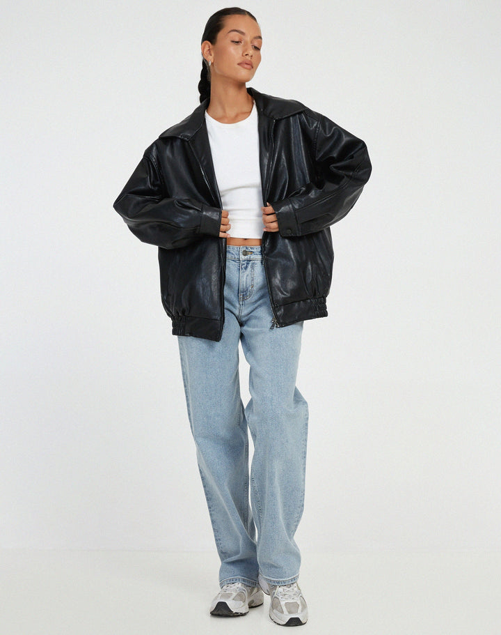 Womens Oversized Faux Leather Jacket with Zip Front and Drop Shoulders