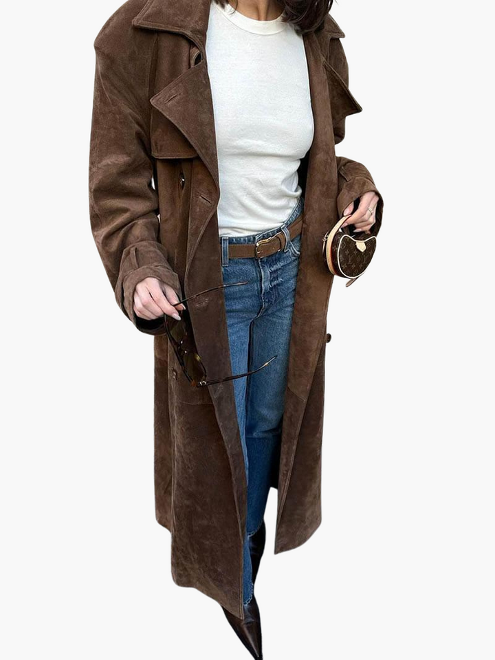 Womens Suede Trench Coat with Belted Waist and Notch Lapels