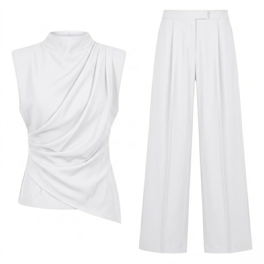Two Piece Set Sleeveless Draped Top Wide Leg Pants Elegant Fit