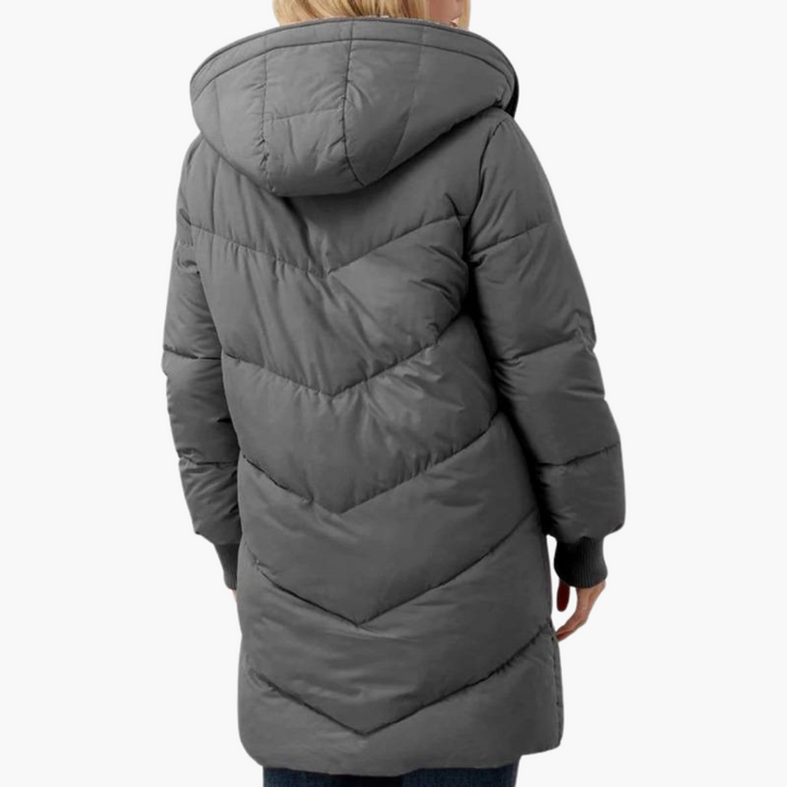 Womens Hooded Puffer Coat with Faux Fur Trim and Longline Fit