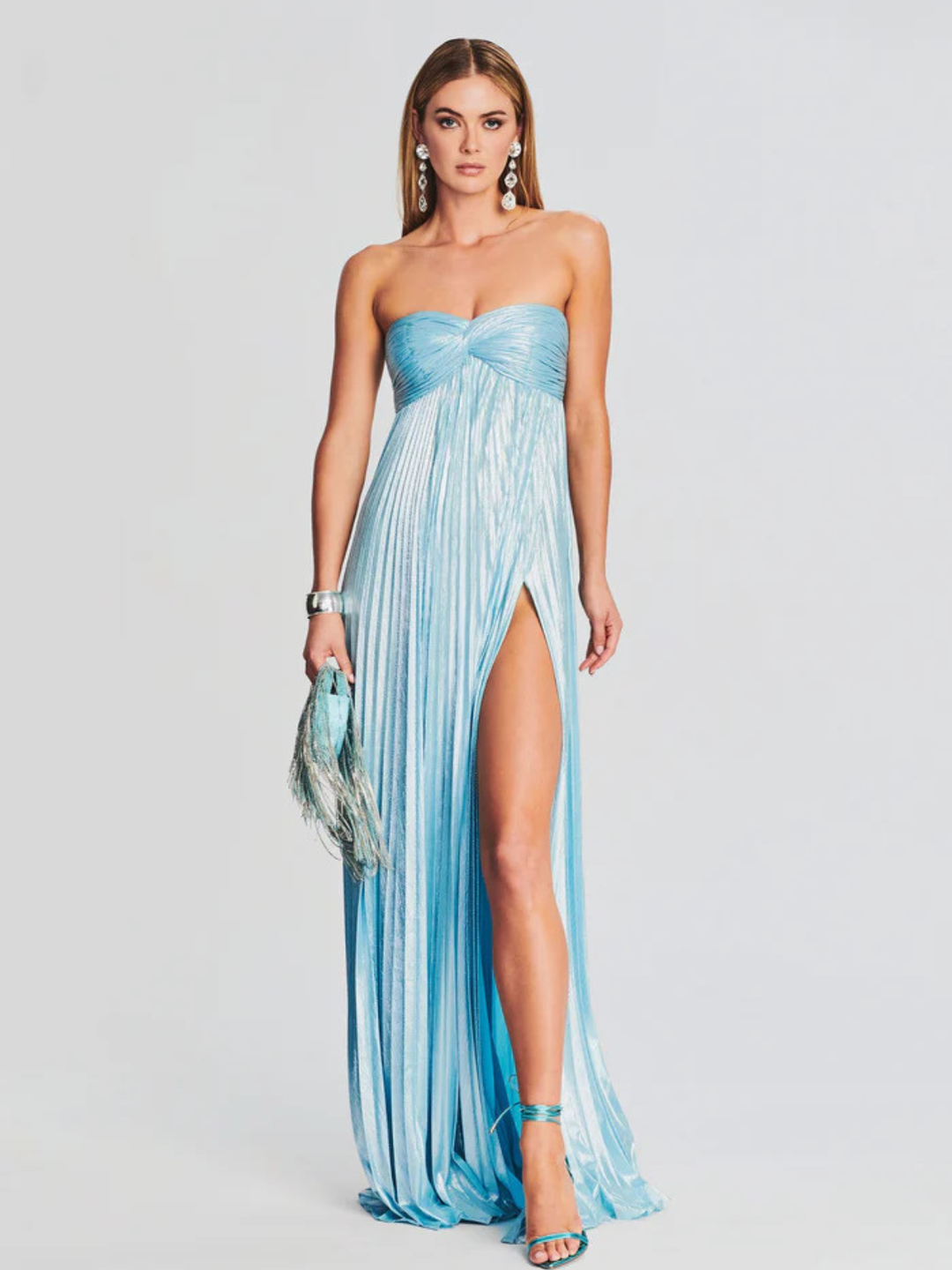 Long Strapless Dress for Women with Twisted Bodice and High Slit