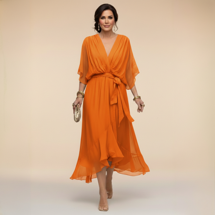 Maxi Dress V Neck Flowing Silhouette Elegant Feminine Style
