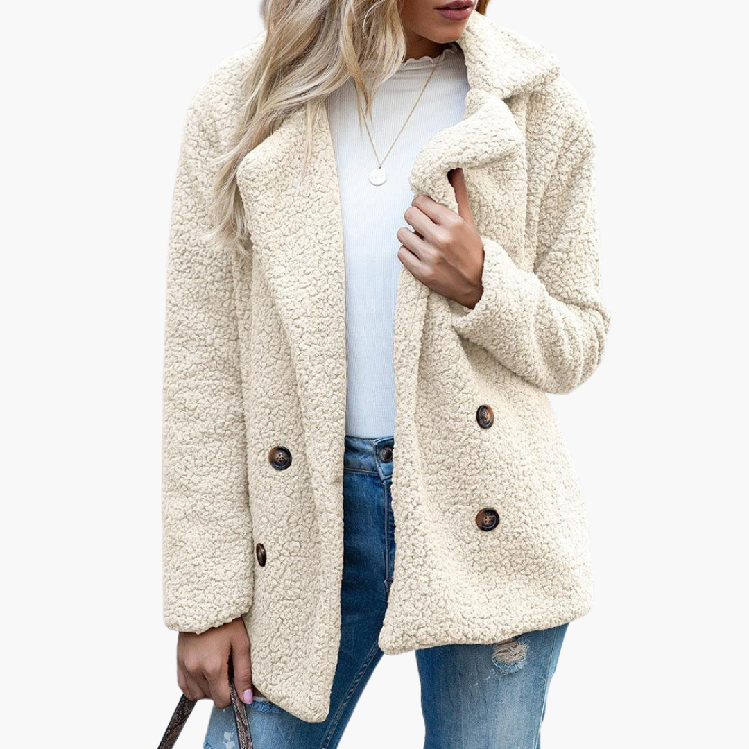 Womens Teddy Jacket with Notch Lapel Double Breasted Front and Relaxed Fit