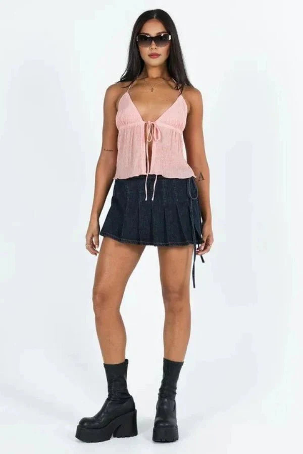 Halter Top Tie Front Y2K Textured Fringed Burgundy Summer Style