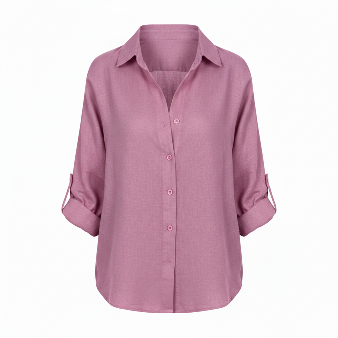 Shirt Button Up Three Quarter Sleeve Split Neck Relaxed Casual Style