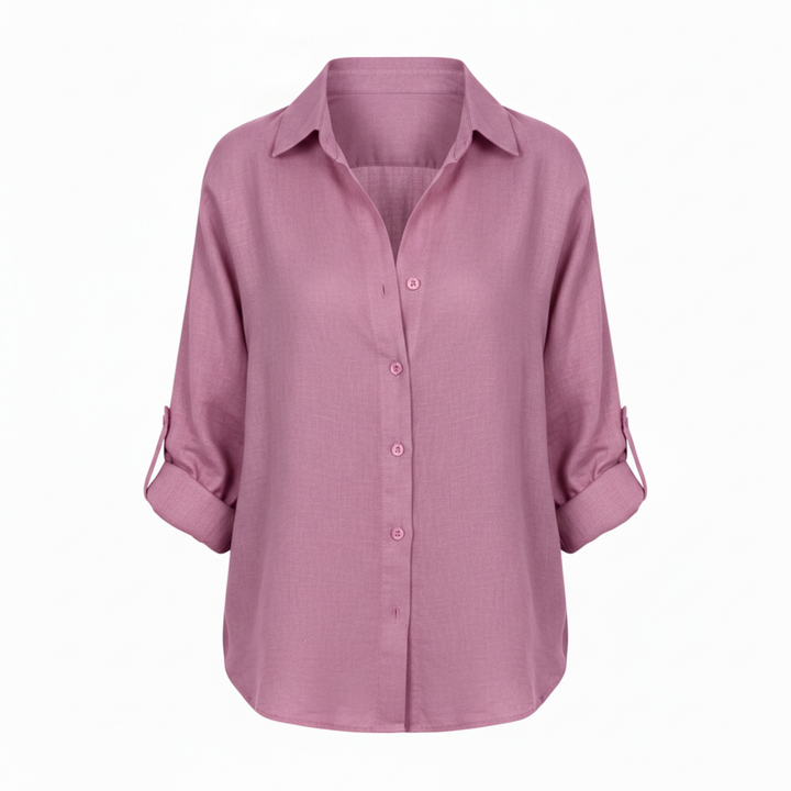 Shirt Button Up Three Quarter Sleeve Split Neck Relaxed Casual Style